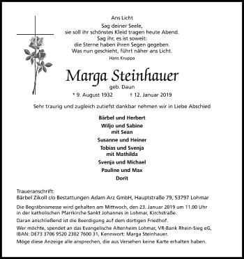 Anzeige von Marga Steinhauer von Kölner Stadt-Anzeiger / Kölnische Rundschau / Express