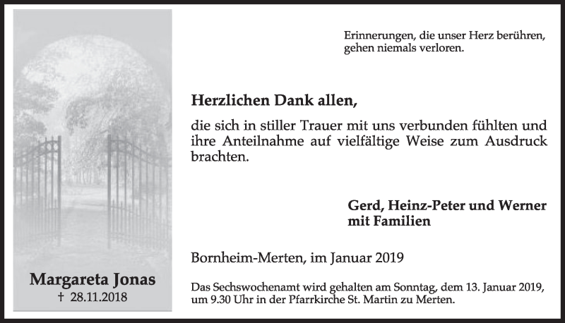  Traueranzeige für Margareta Jonas vom 09.01.2019 aus  Schlossbote/Werbekurier 