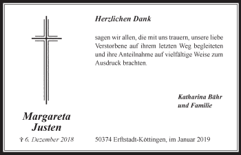 Anzeige von Margareta Justen von  Werbepost 