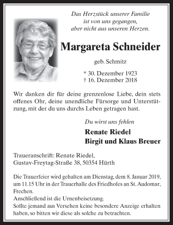 Anzeige von Margareta Schneider von  Wochenende 