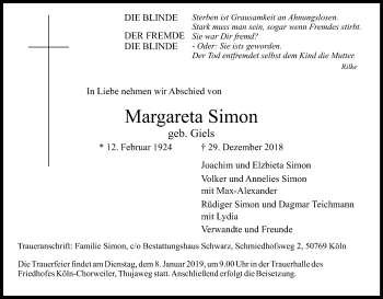 Anzeige von Margareta Simon von Kölner Stadt-Anzeiger / Kölnische Rundschau / Express