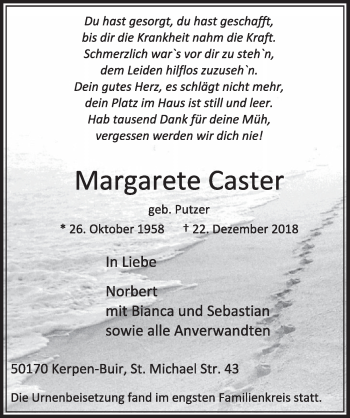 Anzeige von Margarete Caster von  Sonntags-Post 