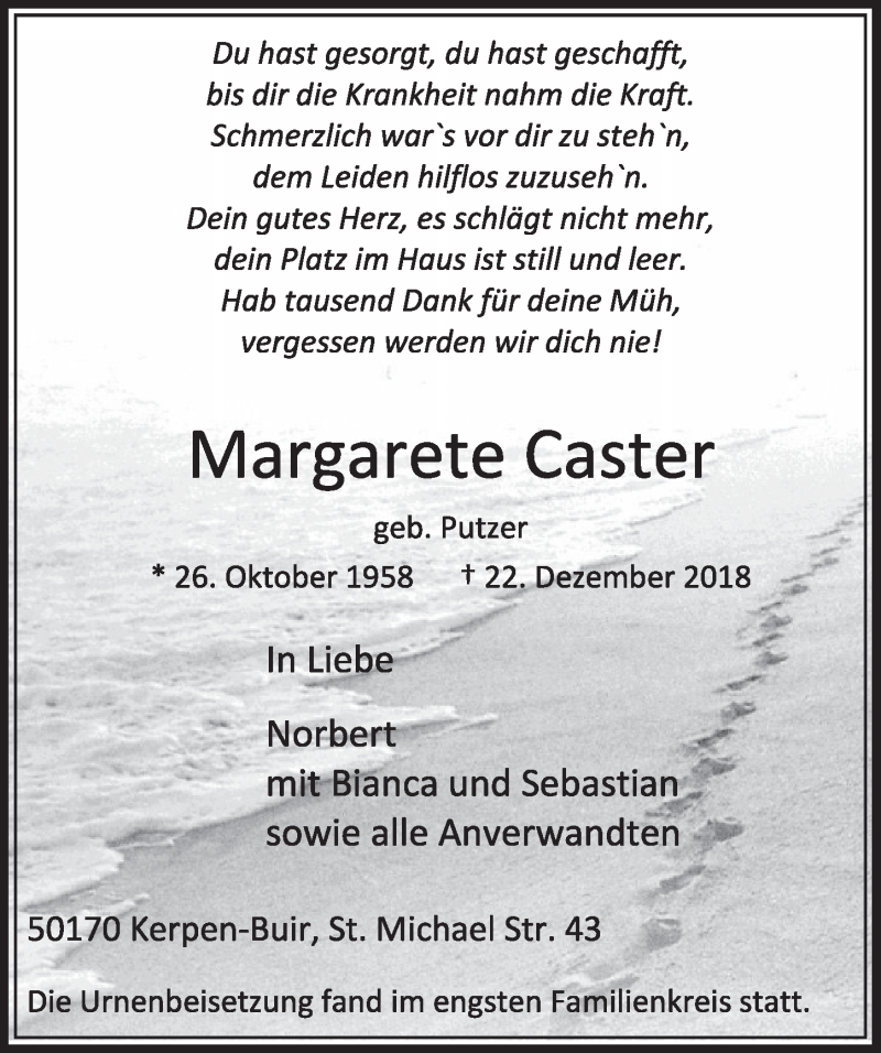  Traueranzeige für Margarete Caster vom 12.01.2019 aus  Sonntags-Post 