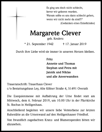 Anzeige von Margarete Clever von Kölner Stadt-Anzeiger / Kölnische Rundschau / Express