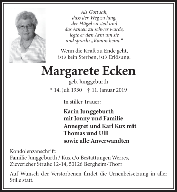 Anzeige von Margarete Ecken von  Sonntags-Post 