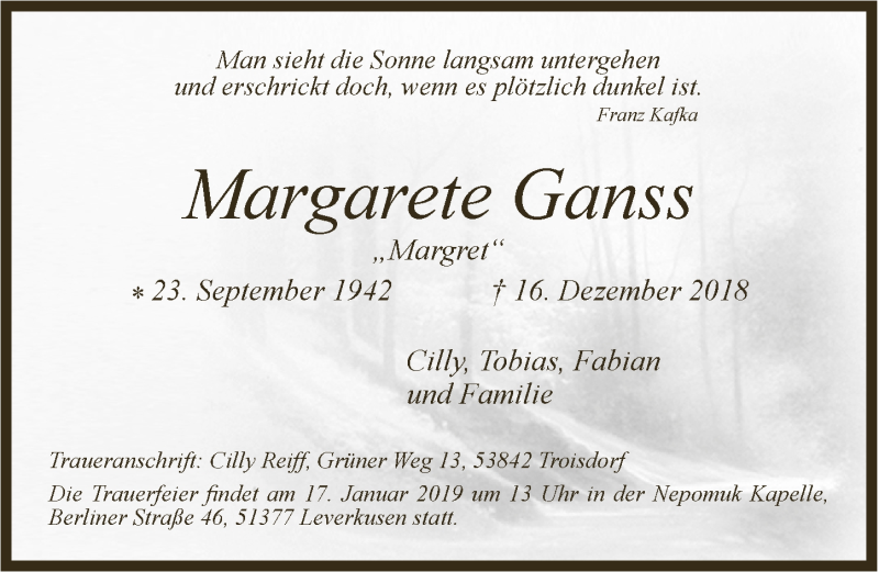  Traueranzeige für Margarete Ganss vom 09.01.2019 aus  Lokale Informationen 