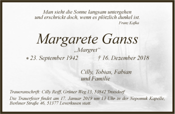 Anzeige von Margarete Ganss von  Lokale Informationen 