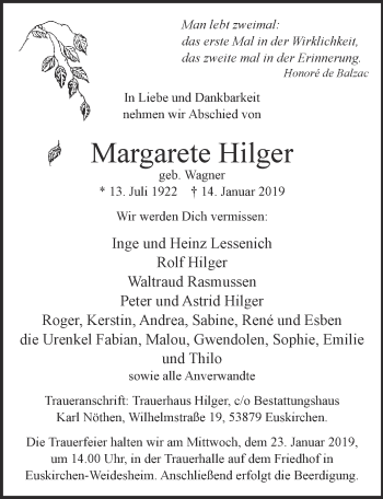 Anzeige von Margarete Hilger von  Blickpunkt Euskirchen 