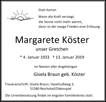 Anzeige von Margarete Köster von Kölner Stadt-Anzeiger / Kölnische Rundschau / Express
