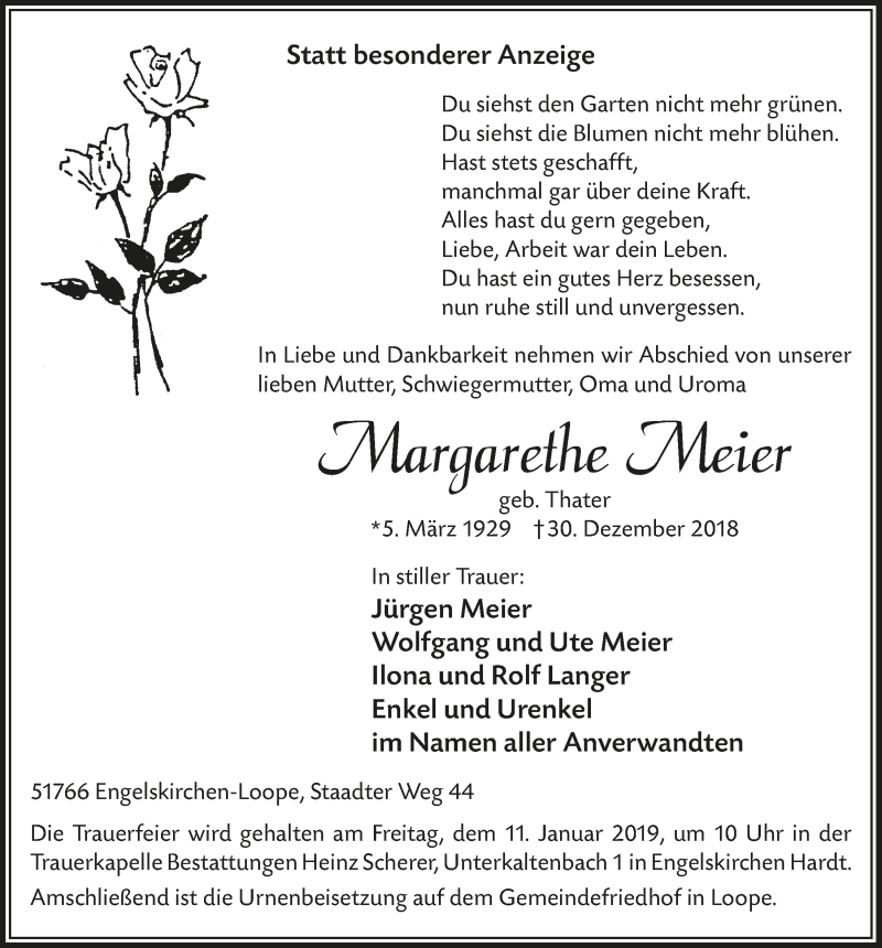  Traueranzeige für Margarethe Meier vom 09.01.2019 aus  Anzeigen Echo 