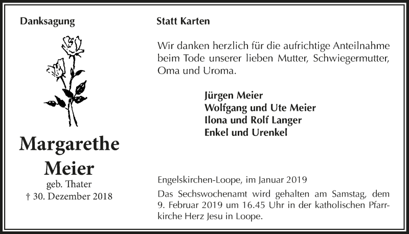 Traueranzeige für Margarethe Meier vom 30.01.2019 aus  Anzeigen Echo 