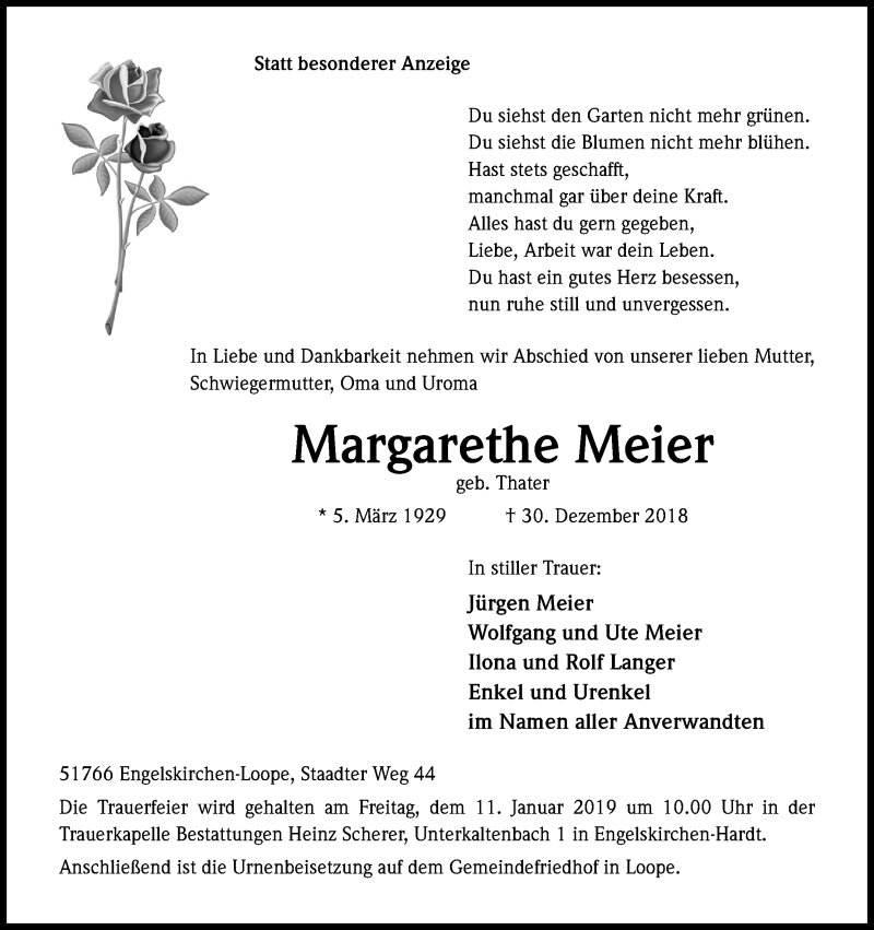  Traueranzeige für Margarethe Meier vom 03.01.2019 aus Kölner Stadt-Anzeiger / Kölnische Rundschau / Express