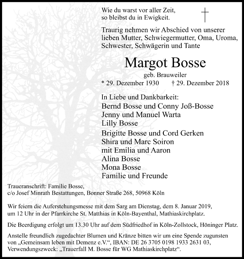  Traueranzeige für Margot Bosse vom 05.01.2019 aus Kölner Stadt-Anzeiger / Kölnische Rundschau / Express