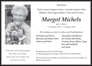 Anzeige von Margot Michels von  Wochenende 