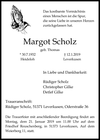 Anzeige von Margot Scholz von Kölner Stadt-Anzeiger / Kölnische Rundschau / Express