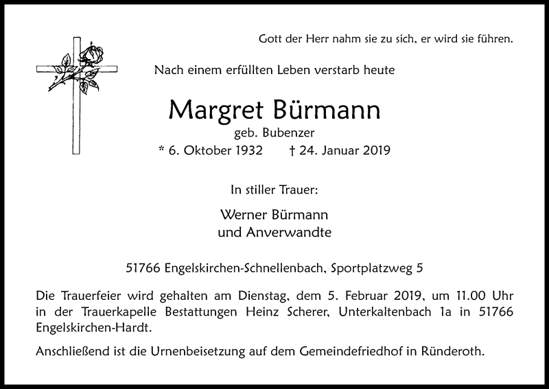  Traueranzeige für Margret Bürmann vom 26.01.2019 aus Kölner Stadt-Anzeiger / Kölnische Rundschau / Express