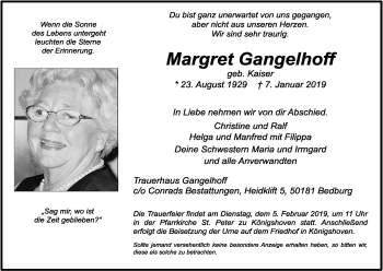 Anzeige von Margret Gangelhoff von Kölner Stadt-Anzeiger / Kölnische Rundschau / Express