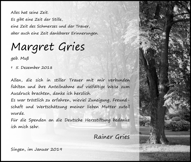  Traueranzeige für Margret Gries vom 12.01.2019 aus Kölner Stadt-Anzeiger / Kölnische Rundschau / Express