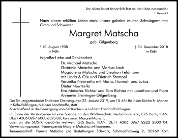 Anzeige von Margret Matscha von Kölner Stadt-Anzeiger / Kölnische Rundschau / Express