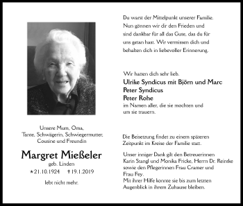 Anzeige von Margret Mießeler von Kölner Stadt-Anzeiger / Kölnische Rundschau / Express