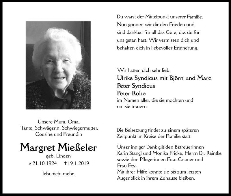  Traueranzeige für Margret Mießeler vom 26.01.2019 aus Kölner Stadt-Anzeiger / Kölnische Rundschau / Express