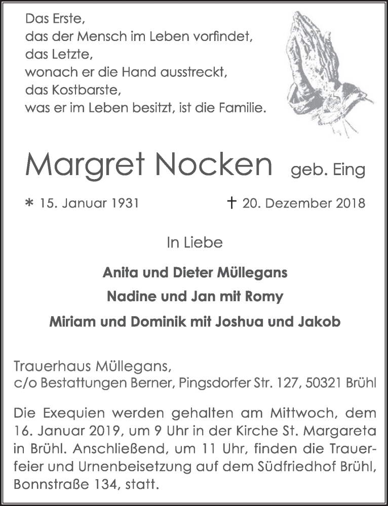  Traueranzeige für Margret Nocken vom 09.01.2019 aus  Schlossbote/Werbekurier 