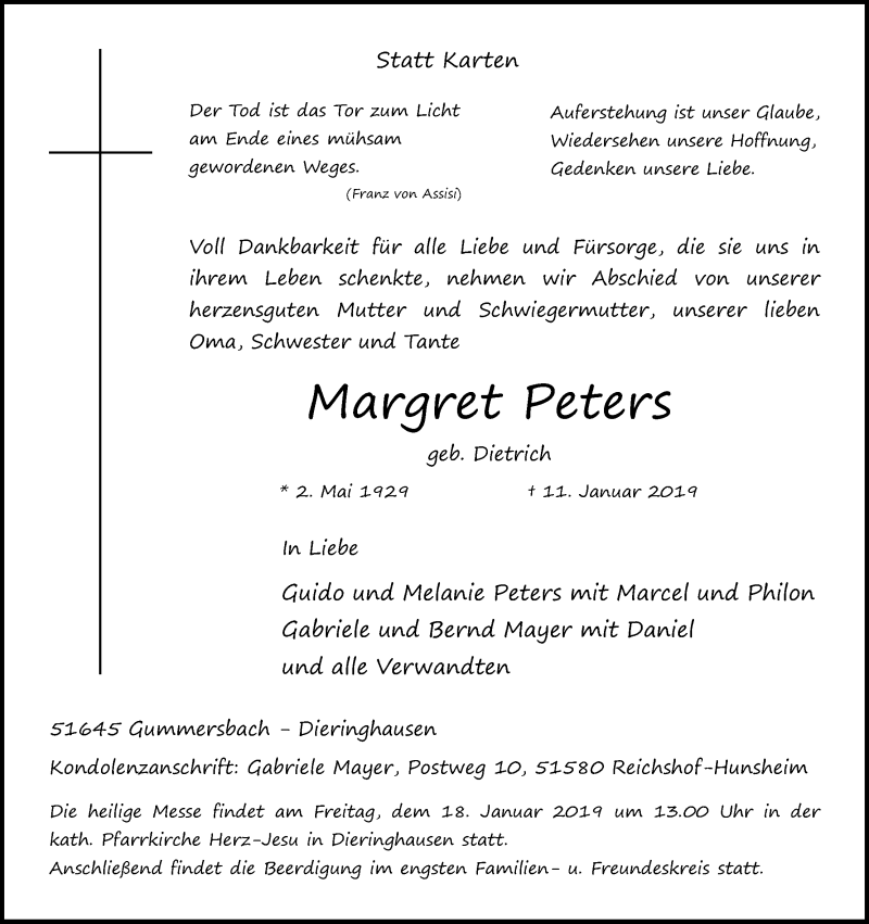  Traueranzeige für Margret Peters vom 16.01.2019 aus Kölner Stadt-Anzeiger / Kölnische Rundschau / Express