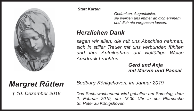  Traueranzeige für Margret Rütten vom 30.01.2019 aus  Werbepost 