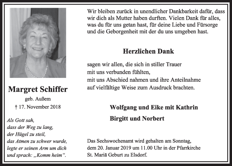  Traueranzeige für Margret Schiffer vom 12.01.2019 aus  Sonntags-Post 