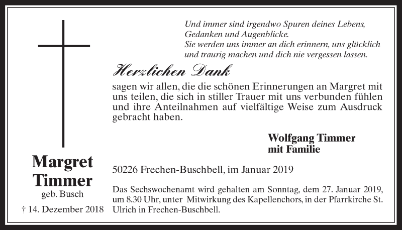  Traueranzeige für Margret Timmer vom 16.01.2019 aus  Wochenende 