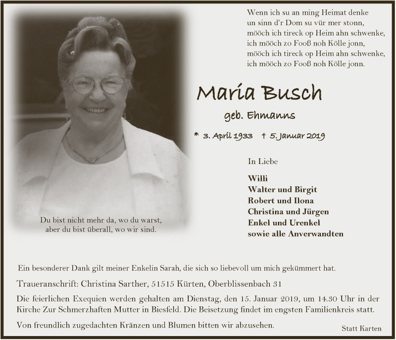  Traueranzeige für Maria Busch vom 09.01.2019 aus  Bergisches Handelsblatt 