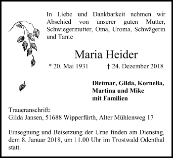 Anzeige von Maria Heider von Kölner Stadt-Anzeiger / Kölnische Rundschau / Express