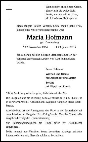 Anzeige von Maria Hofmann von Kölner Stadt-Anzeiger / Kölnische Rundschau / Express