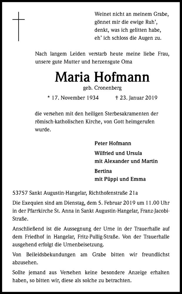  Traueranzeige für Maria Hofmann vom 26.01.2019 aus Kölner Stadt-Anzeiger / Kölnische Rundschau / Express