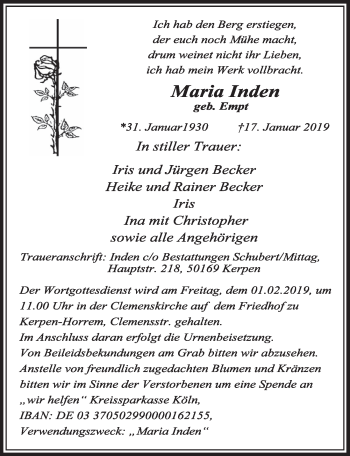 Anzeige von Maria Inden von  Sonntags-Post 