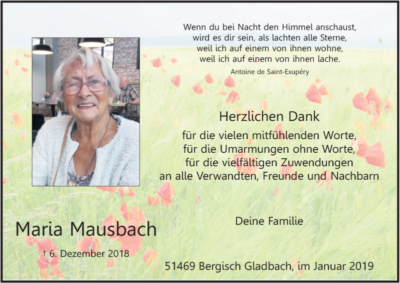  Traueranzeige für Maria Mausbach vom 26.01.2019 aus Kölner Stadt-Anzeiger / Kölnische Rundschau / Express