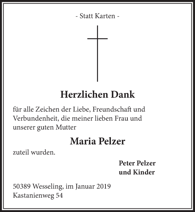  Traueranzeige für Maria Pelzer vom 16.01.2019 aus  Schlossbote/Werbekurier 