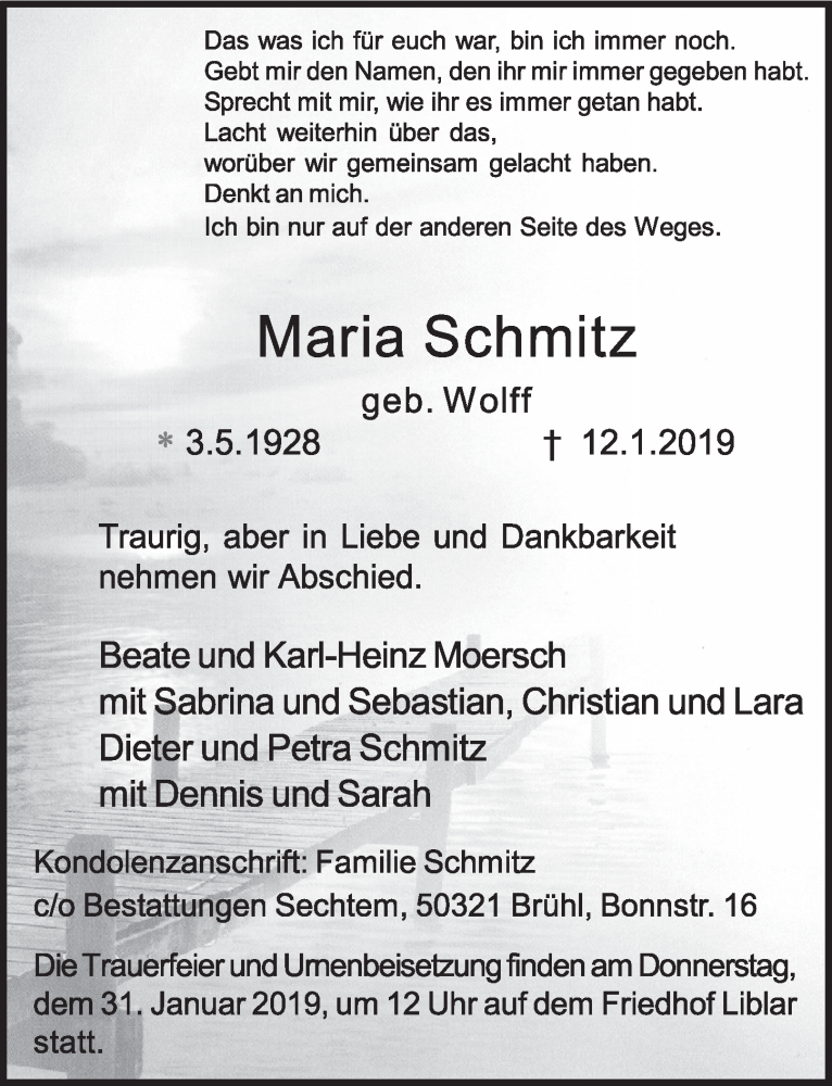  Traueranzeige für Maria Schmitz vom 23.01.2019 aus  Schlossbote/Werbekurier 