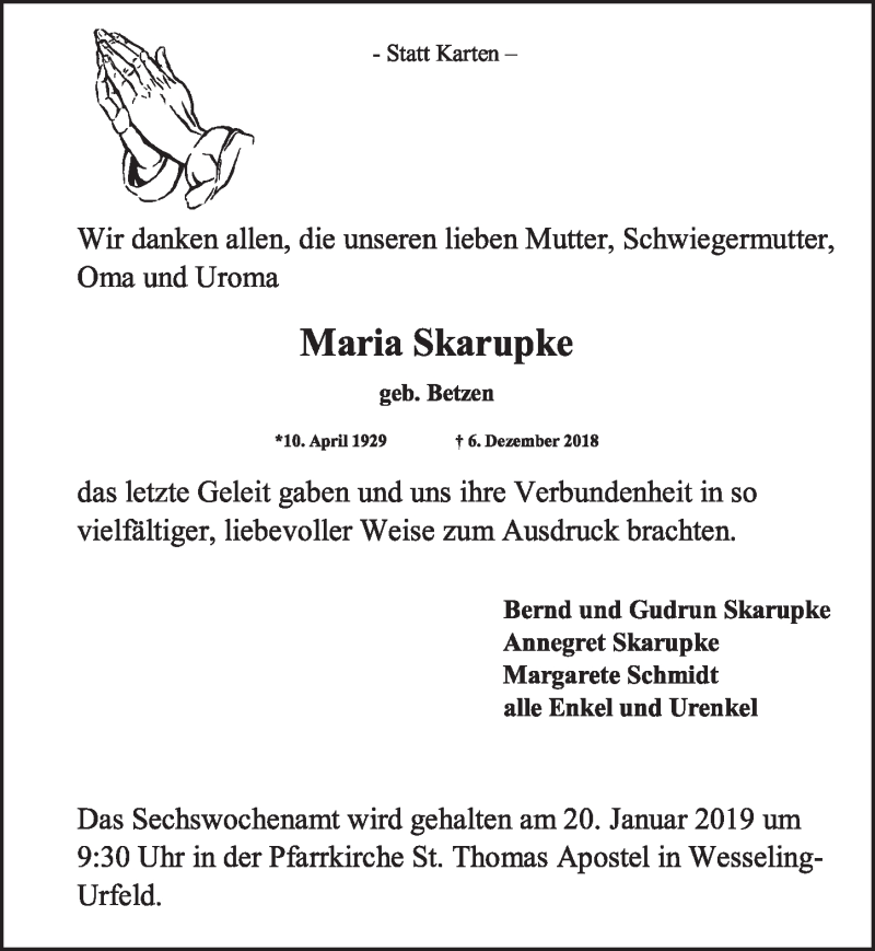  Traueranzeige für Maria Skarupke vom 16.01.2019 aus  Schlossbote/Werbekurier 