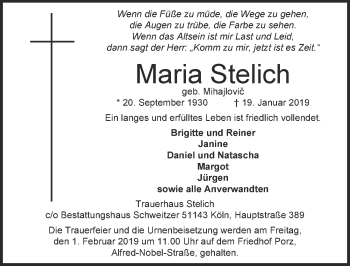 Anzeige von Maria Stelich von  Kölner Wochenspiegel 