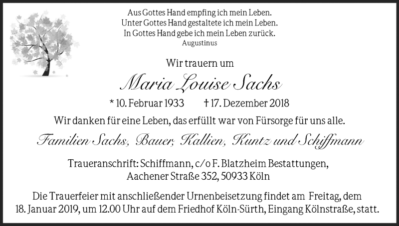  Traueranzeige für Maria Louise Sachs vom 12.01.2019 aus Kölner Stadt-Anzeiger / Kölnische Rundschau / Express