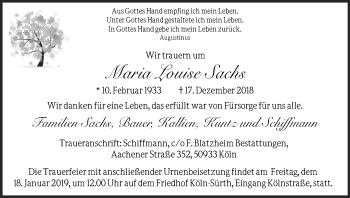 Anzeige von Maria Louise Sachs von Kölner Stadt-Anzeiger / Kölnische Rundschau / Express