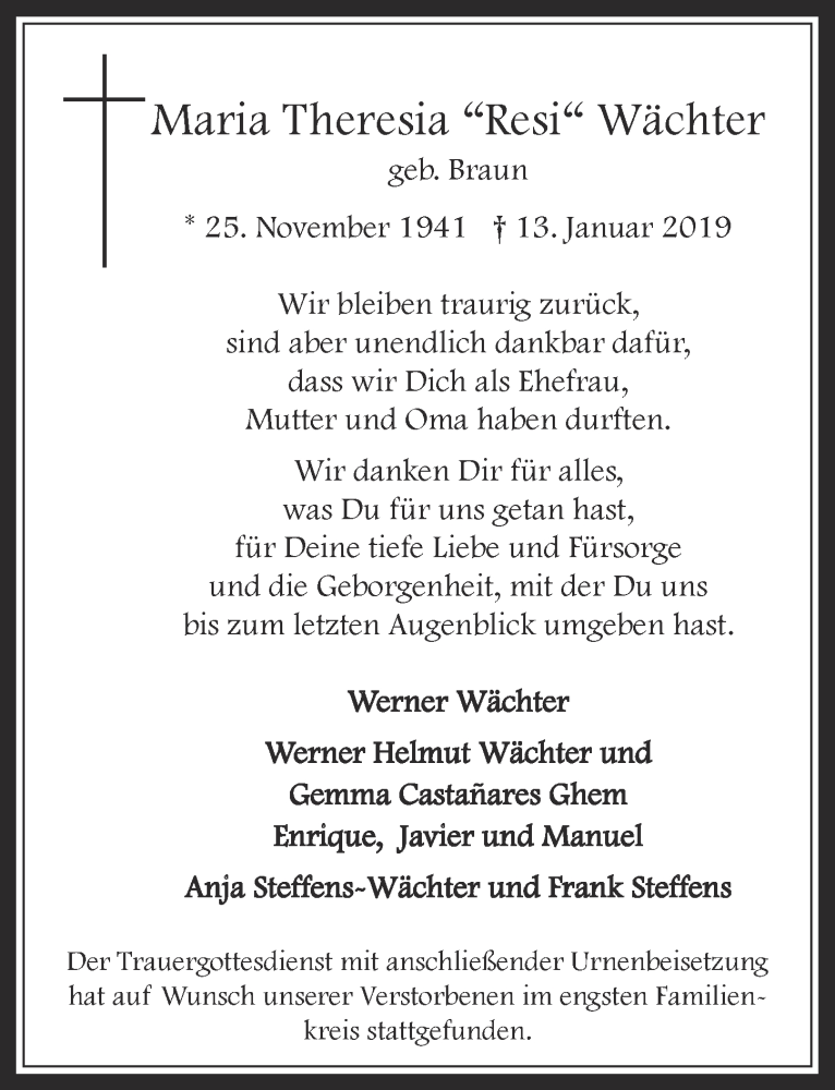 Traueranzeige für Maria Theresia Wächter vom 30.01.2019 aus  Werbepost 
