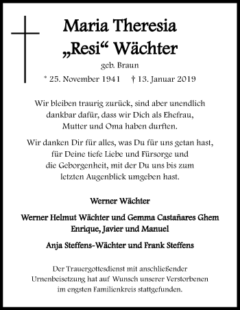 Anzeige von Maria Theresia Wächter von Kölner Stadt-Anzeiger / Kölnische Rundschau / Express