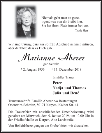 Anzeige von Marianne Aberer von  Sonntags-Post 