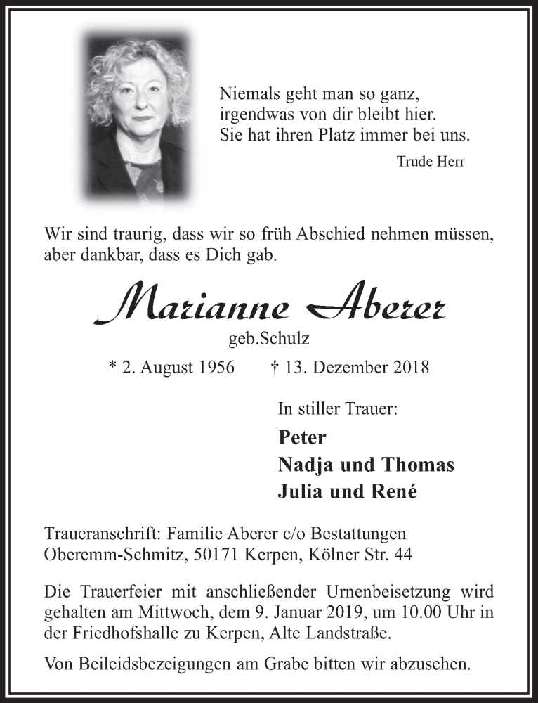  Traueranzeige für Marianne Aberer vom 05.01.2019 aus  Sonntags-Post 