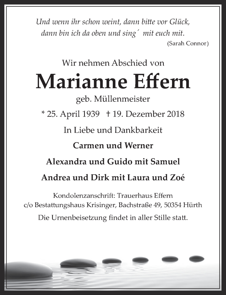  Traueranzeige für Marianne Effern vom 16.01.2019 aus  Wochenende 