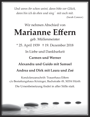 Anzeige von Marianne Effern von  Wochenende 