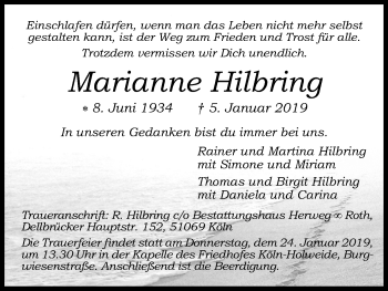 Anzeige von Marianne Hilbring von Kölner Stadt-Anzeiger / Kölnische Rundschau / Express