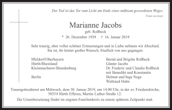 Anzeige von Marianne Jacobs von  Wochenende 